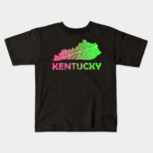 Colorful mandala art map of Kentucky with text in pink and green Kids T-Shirt